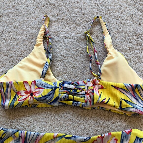 Women's Yellow Blue Floral Adjustabel Padded Top High Waisted Cheeky Bikini - Picture 5 of 14